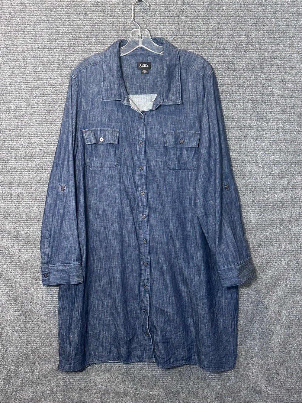 Simply Emma 2X Chambray Shirt Dress Blue Button Front Cotton Roll Tab Sleeve - Picture 7 of 7